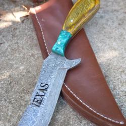 Couteau Skinner Sheepfoot Damas Lame 256 Couches Dessin TEXAS Manche Bois Etui Cuir Fabr Artisanale