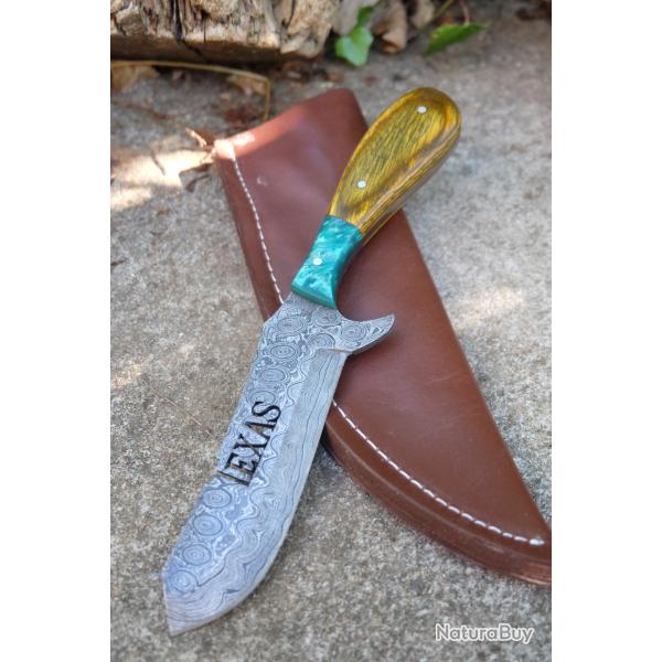 Couteau Skinner Sheepfoot Damas Lame 256 Couches Dessin TEXAS Manche Bois Etui Cuir Fabr Artisanale