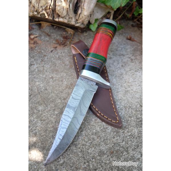 Couteau Poignard Lame Acier Damas 256 Couches Manche Bois Garde Acier Etui Cuir Fabric Artisanale