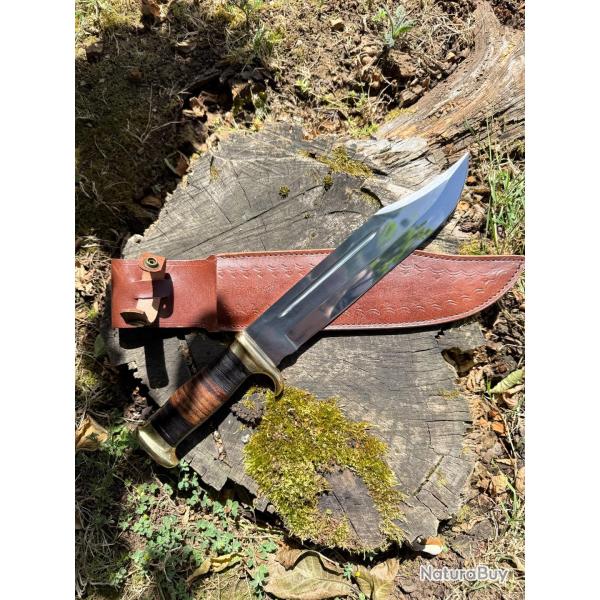 Magnifique couteau, Bowie 40 cm artisanal forg� � la main et son �tui en Cuir / ENCHERE 1 EURO
