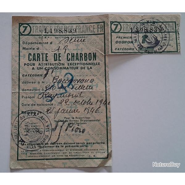 Lot Tickets et Cartes de  rationnement Charbon pain Et Denr�es Diverses   Apr�s Guerre