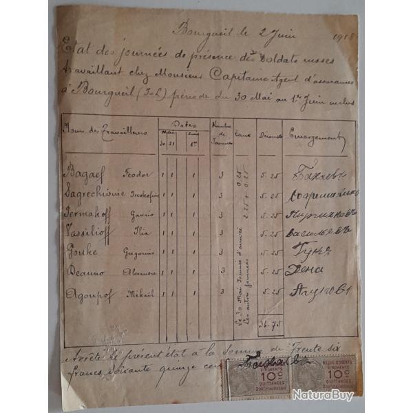 Lot documents  ancien 1914/1918 Feuille de pr�sence de soldats russe et re�u timbre taxe