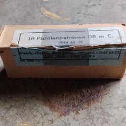Bo&icirc;te de 16 cartouches neutralis&eacute;es 9mm allemand ww2 &agrave; la date de l'&eacute;tiquette