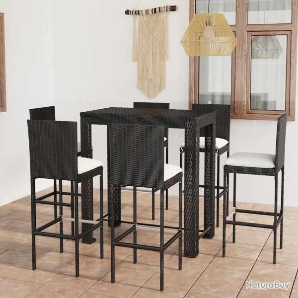 Ensemble de bar d'ext�rieur 7 pcs coussins R�sine tress�e Noir