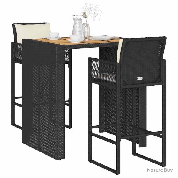 Ensemble de bar de 3 pcs coussins noir poly rotin acacia