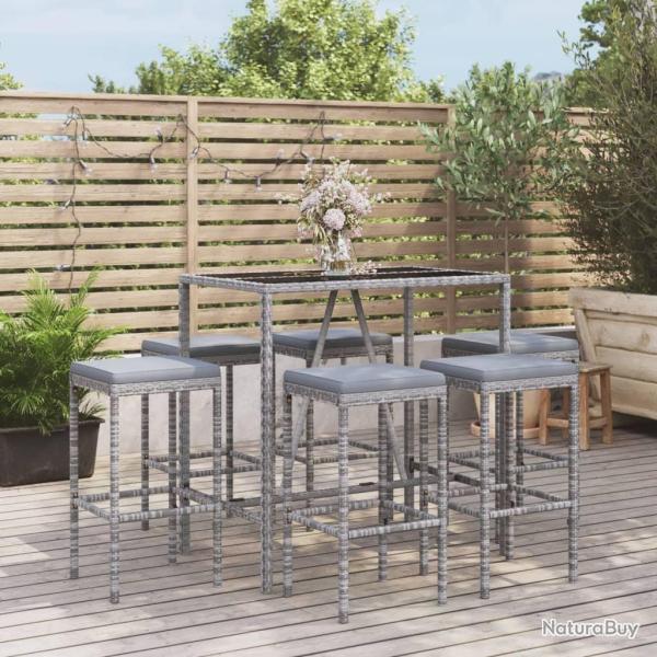 Ensemble de bar de 7 pcs avec coussins gris poly rotin