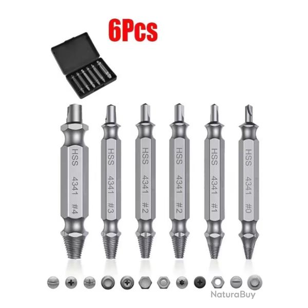 Coffret 6 Extracteurs de Vis Cass�es HSS 4341 - Retrait Vis, Boulons et �crous Endommag�s argent�