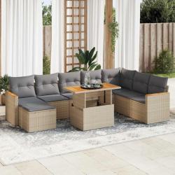 Salon de avec coussins 9 pcs beige r&eacute;sine tress&eacute;e acacia