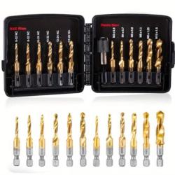 Coffret 13 Tarauds Forets Combin&eacute;s HSS Titane - Jeu M&eacute;trique & SAE avec Adaptateur Rapide