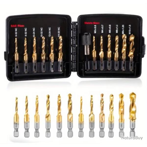 Coffret 13 Tarauds Forets Combin�s HSS Titane - Jeu M�trique & SAE avec Adaptateur Rapide