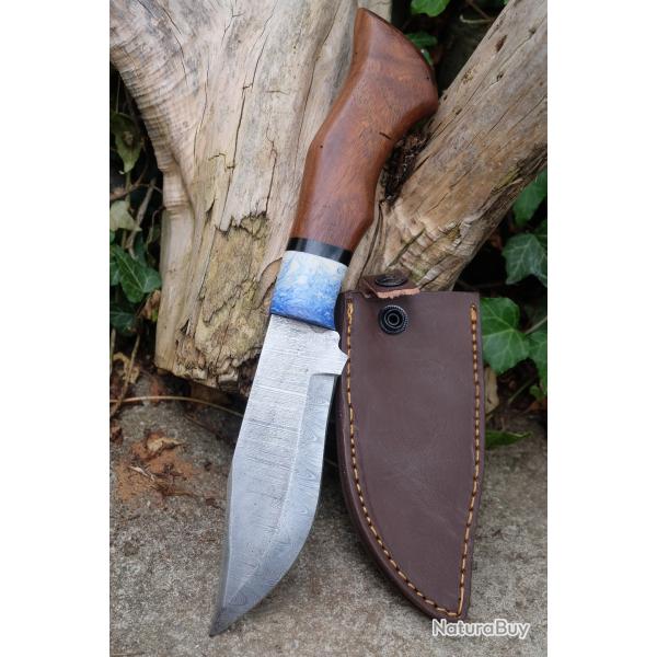 Bowie Couteau de Chasse Lame Clip Point Damas 256 Couches Manche Bois Fabric Artisanale Etui Cuir