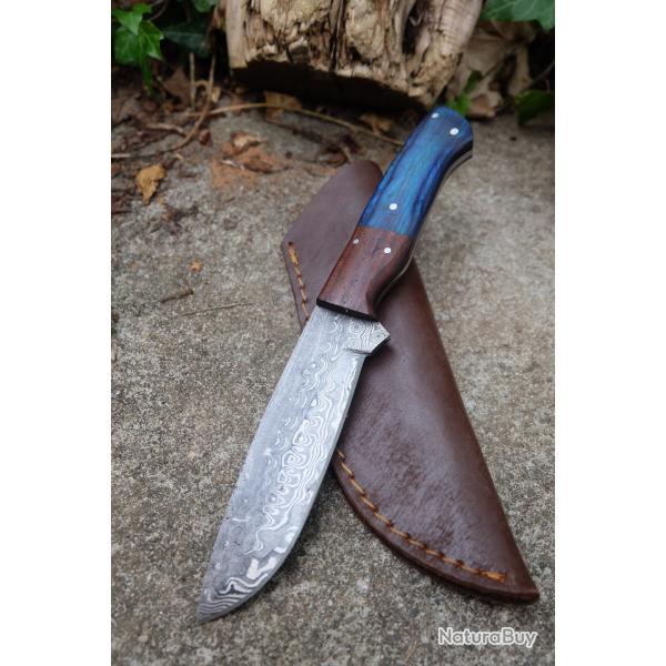 Couteau Skinner Lame Acier Damas 256 Couches Manche 2 Bois Etui Cuir Fabric Artisanale 01