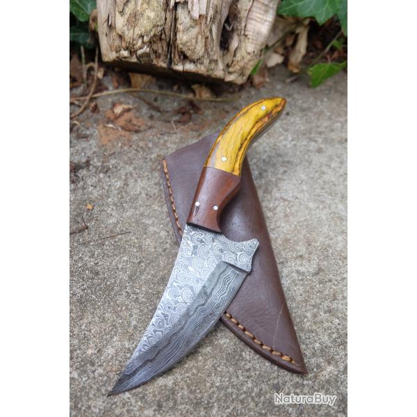 Couteau Skinner Damas Lame Upswept Acier 256 Couches Manche 2 Bois Tigre Etui Cuir F Artisanale