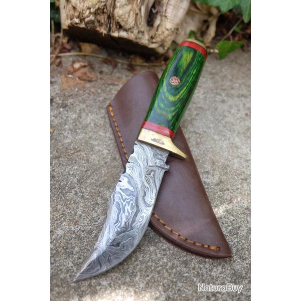 Skinner Couteau Damas Lame 256 Couches Lame Clip Point Manche Bois Green Fabr Artisanale Etui Cuir