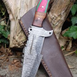 Couteau de Chasse Trakker Damas Lame 256 Couches Manche Bois Arlequin Fabric Artisan Etui Cuir