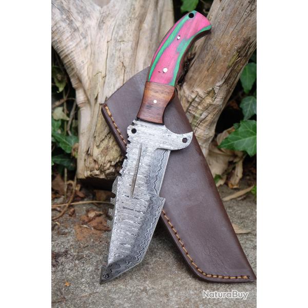 Couteau de Chasse Trakker Damas Lame 256 Couches Manche Bois Arlequin Fabric Artisan Etui Cuir