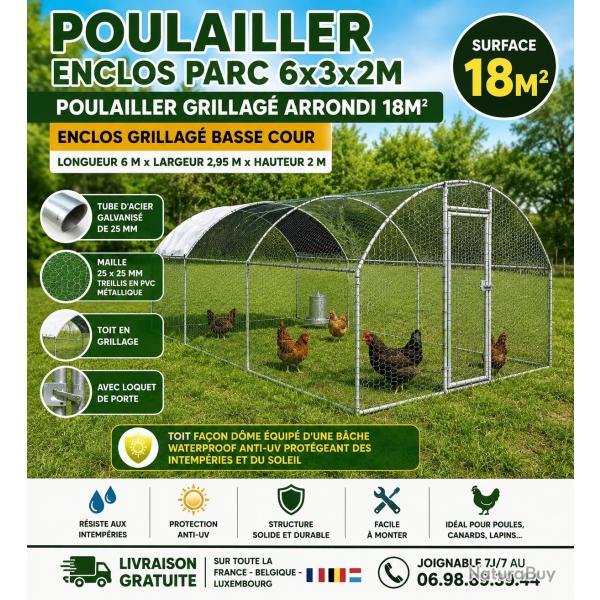 Poulailler enclos parc 18m� Chati�re Grillag� 6x3x2m Voli�re poules Basse cour