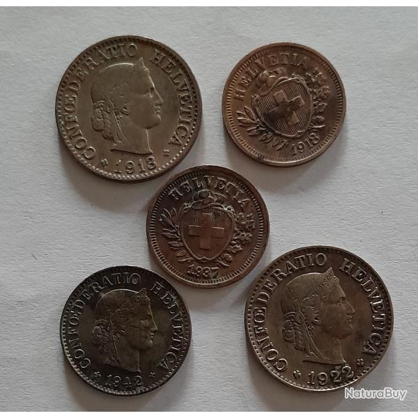 Pi�ce de Monnaie Suisse Joli Lot De 5 Pi�ces  debut 1900 pas de double