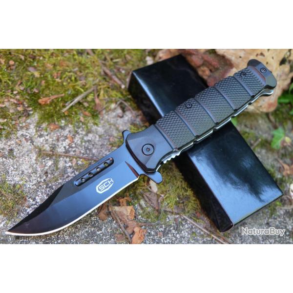 Couteau Semi Automatique Lame Drop Point Acier Inox Manche ABS Linerlock Clip Brise Vitres