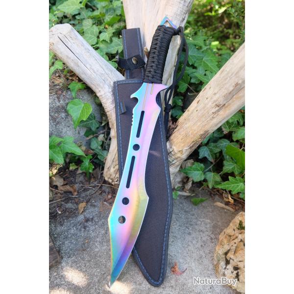 Bowie Machette Couteau Bushcraft Survie Lame Acier Spectrum Manche Paracorde Etui Nylon Trekking