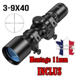 Lunette 3-9x40 compact &agrave; grossissement r&eacute;glage, montage offert - Rail 11mm - Stock France