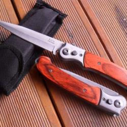Couteau Pliant De Poche Lame Acier Fine 10 Cm Manche Bois 12,5 Cm Chasse P&ecirc;che Bivouac