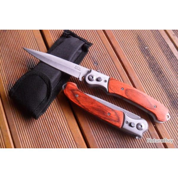 Couteau Pliant De Poche Lame Acier Fine 10 Cm Manche Bois 12,5 Cm Chasse P�che Bivouac