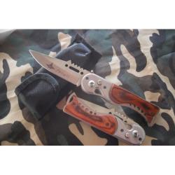 Couteau Pliant De Poche Lame Acier 8,5 Cm Manche Bois 11,5 Cm Chasse P&ecirc;che Bivouac