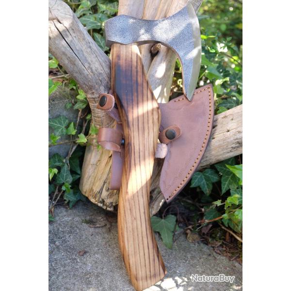 Hache De Viking Bj�rn C�te-de-Fer Lame Acier Carbone 1055 Manche Bois Etui Cuir Fabric Artisanale