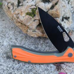 Couteau SHAN ZU PEAFOWL Lame Acier ZDF905 Drop Point Black Plaquettes G10 Orange Linerlock Clip