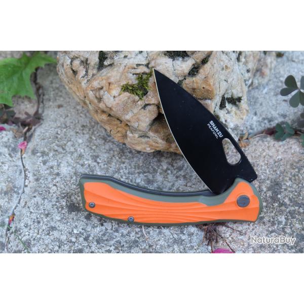 Couteau SHAN ZU PEAFOWL Lame Acier ZDF905 Drop Point Black Plaquettes G10 Orange Linerlock Clip