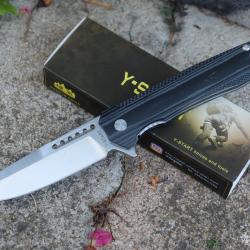 Couteau Y-START Flipper Dual-Tone | Lame Acier 14C28N Drop Point Satin Manche Black & Gray G10 Liner