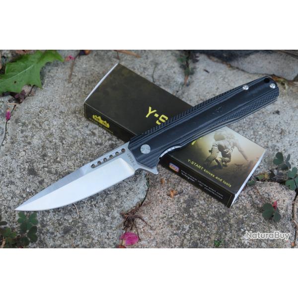 Couteau Y-START Flipper Dual-Tone | Lame Acier 14C28N Drop Point Satin Manche Black & Gray G10 Liner