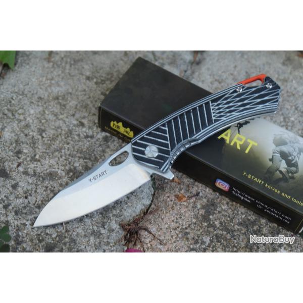 Couteau Y-START Lame Acier Sandvik 14C28N Satin Manche Plaquettes Black/Gray G10 Linerlock Clip