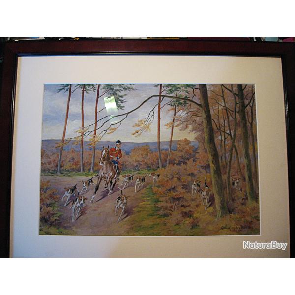 aquarelle sign�e "Coutisson des Bordes " scene de chasse 40x28 cm sous verre encadr�e