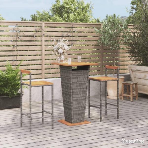 Ensemble de bar jardin 3 pcs gris poly rotin/bois massif acacia