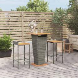Ensemble de bar jardin 3 pcs gris poly rotin/bois massif acacia
