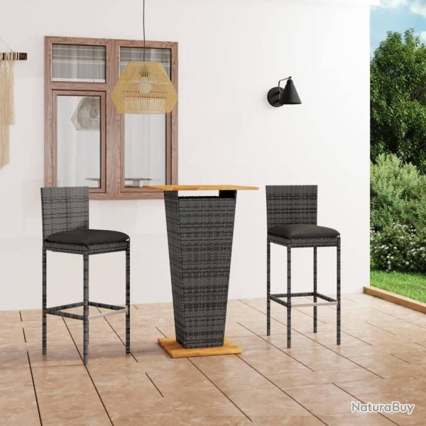 Ensemble de bar de jardin 3 pcs et coussins R�sine tress�e Gris