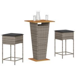 Ensemble de bar de jardin 3 pcs et coussins gris r&eacute;sine tress&eacute;e
