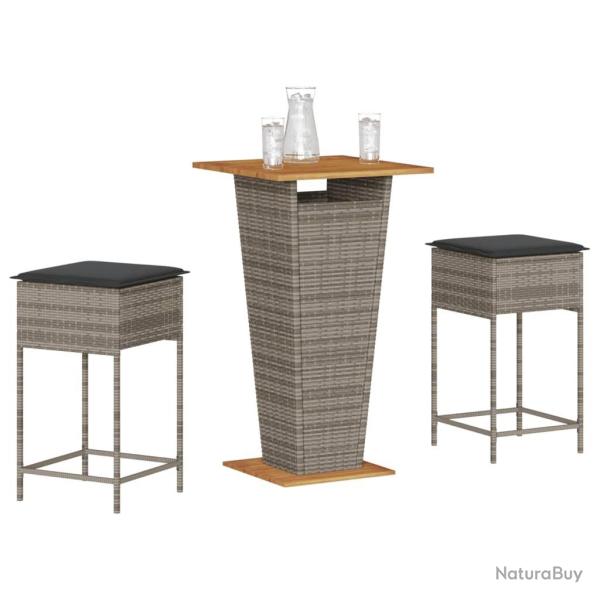 Ensemble de bar de jardin 3 pcs et coussins gris r�sine tress�e