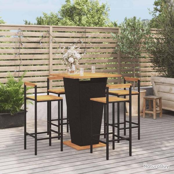 Ensemble de bar jardin 5 pcs noir poly rotin/bois massif acacia