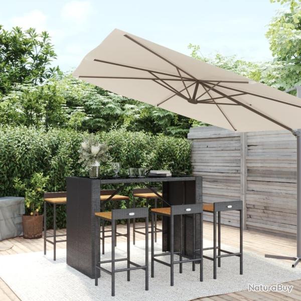 Ensemble de bar jardin 7 pcs noir poly rotin/bois massif acacia
