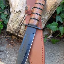 Couteau Marines Style USMC Combat Fighting Lame Acier 420 Manche Cuir Etui Cuir