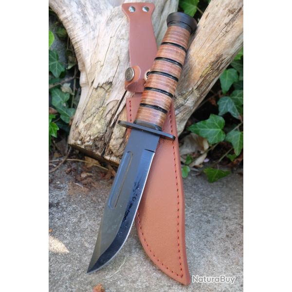 Couteau Marines Style USMC Combat Fighting Lame Acier 420 Manche Cuir Etui Cuir