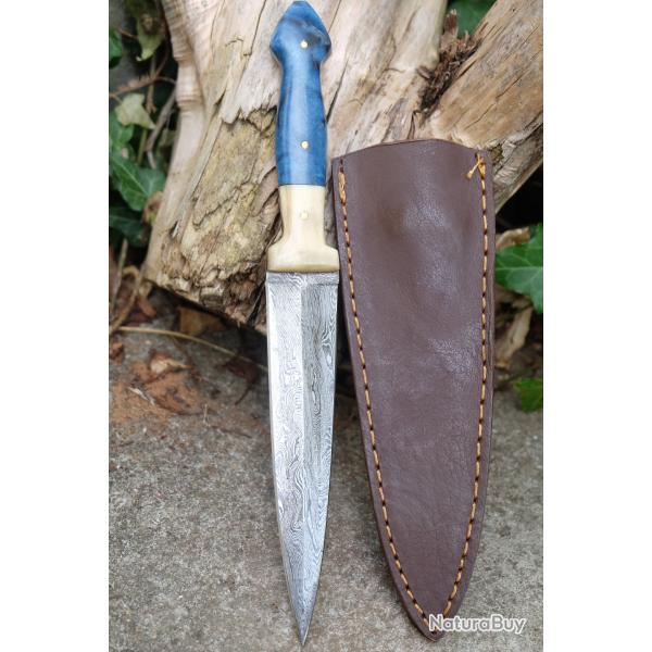 Couteau Dague Damas Lame 256 Couches Manche R�sine & Os Etui Cuir Fabric Artisanale