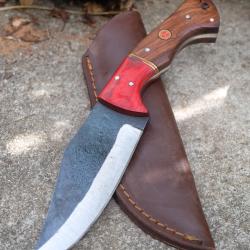 Couteau Skinner de Chasse Rando Lame Acier Carbone 1075 Manche Bois Etui Cuir Fabrication Artisanale