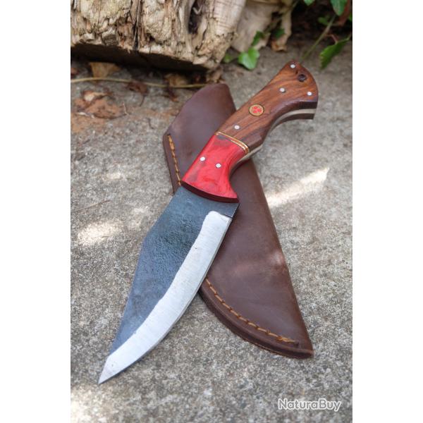 Couteau Skinner de Chasse Rando Lame Acier Carbone 1075 Manche Bois Etui Cuir Fabrication Artisanale