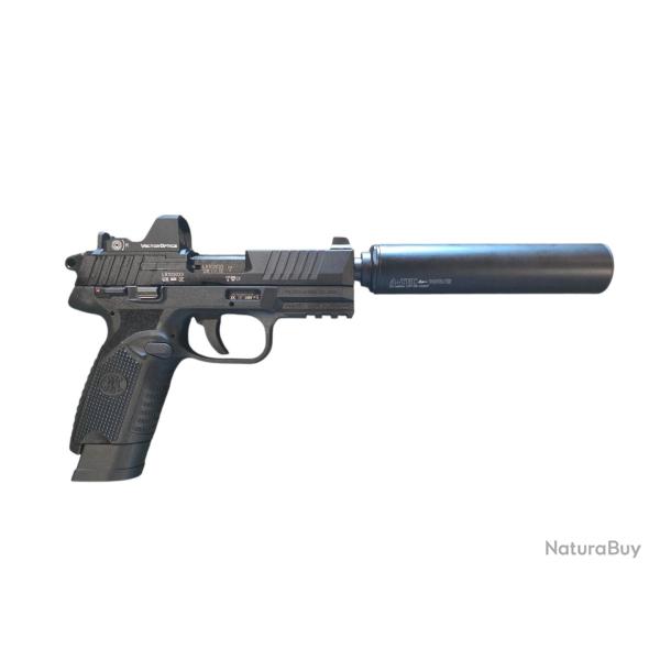 Pack complet Pistolet FN HERSTAL 502 Tactical Noir cal.22Lr + Point rouge + silencieux
