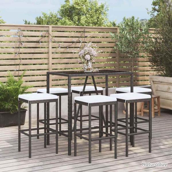 Ensemble de bar de 7 pcs avec coussins noir poly rotin