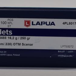 sachet de 100 Ogives Lapua , cal 338 OTM Scenar HPBT, 250 grains, ref GB488